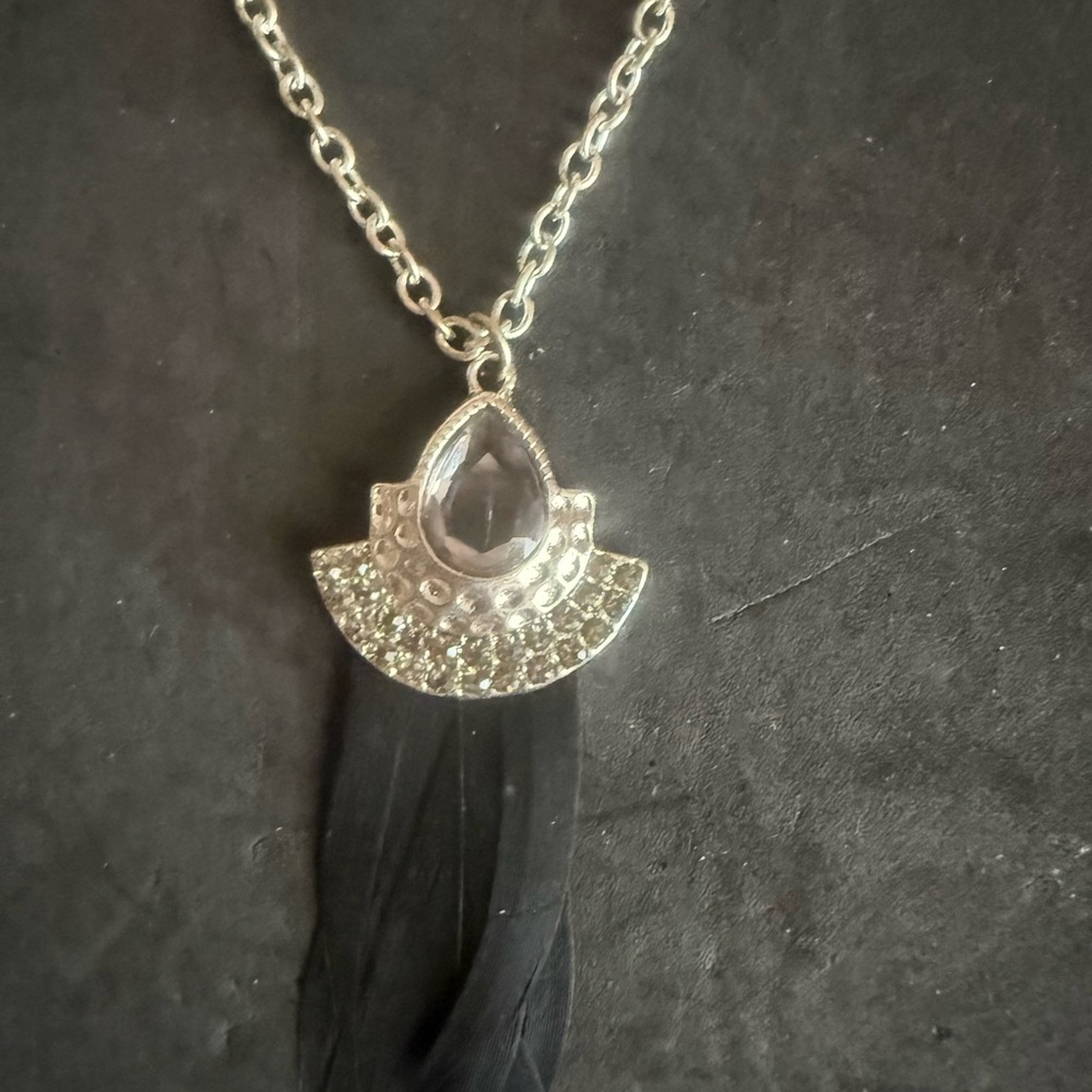 Silver Tone Black Feather Pendant Necklace